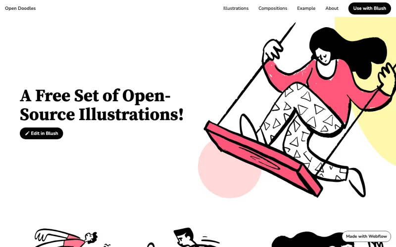 Open Doodles 사이트의 첫 화면. 낙서처럼 그린 인물 장면을 색상별 이미지와 애니메이션으로 찾습니다.