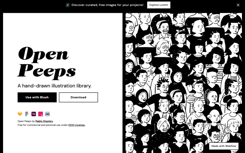 Open Peeps 사이트의 첫 화면. 표정, 머리, 옷과 자세를 조합해 손그림 인물 장면을 만듭니다.