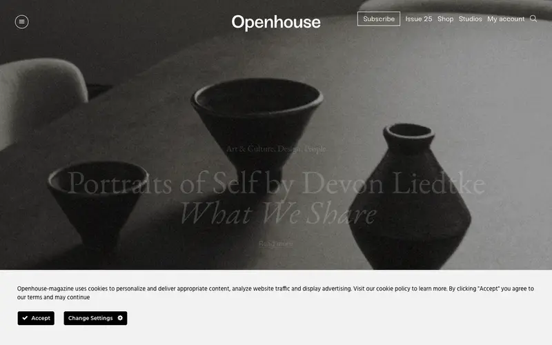 Openhouse Magazine 사이트의 첫 화면. 건축, 예술과 생활이 만나는 공간을 사진 에디토리얼로 봅니다.