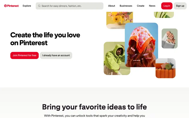 Pinterest 사이트의 첫 화면. 이미지, 사진 톤, 색감과 공간 분위기를 넓게 탐색합니다.