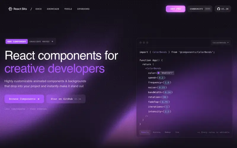 React Bits 사이트의 첫 화면. React용 애니메이션 UI 컴포넌트와 효과를 찾습니다.