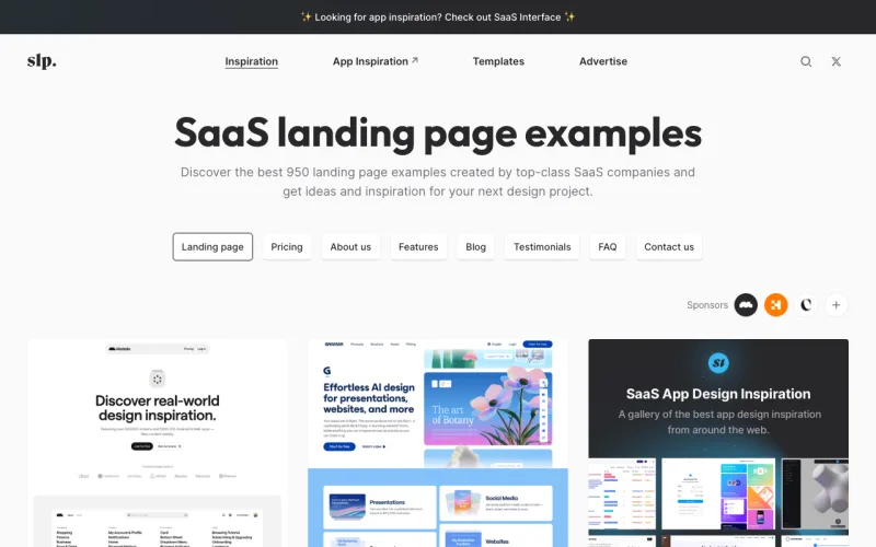 SaaS Landing Page 사이트의 첫 화면. SaaS 랜딩 페이지를 첫 화면, 가격, 후기와 기능 섹션별로 찾아봅니다.