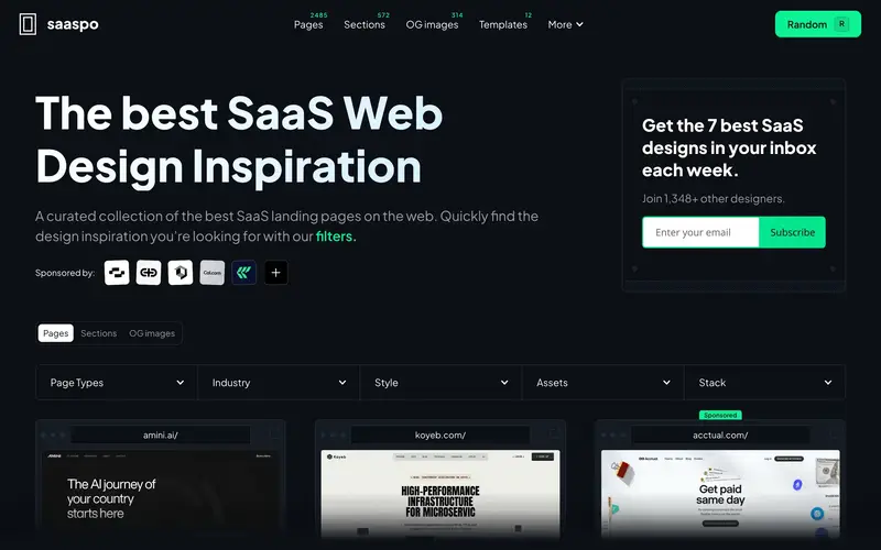 SaaSpo 사이트의 첫 화면. SaaS 웹사이트와 랜딩 페이지의 구성 사례를 봅니다.