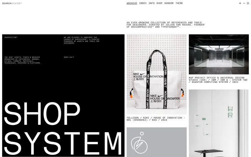 SearchSystem 사이트의 첫 화면. 그래픽과 편집 디자인 프로젝트를 아카이브 형태로 봅니다.