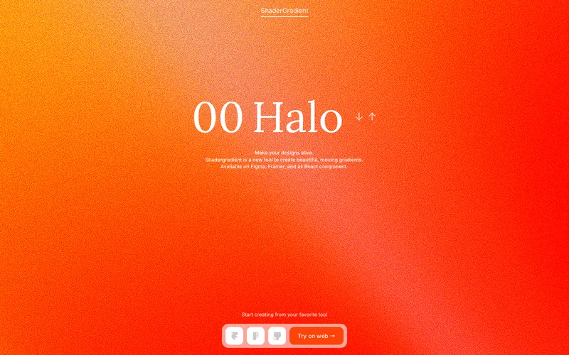 ShaderGradient 사이트의 첫 화면. 3D 그라디언트를 조정하고 웹 프로젝트에 사용할 코드와 설정을 만듭니다.