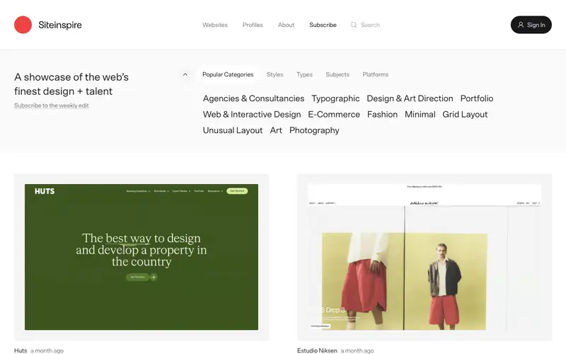 Siteinspire 사이트의 첫 화면. 산업과 스타일 필터로 웹사이트 사례를 찾습니다.