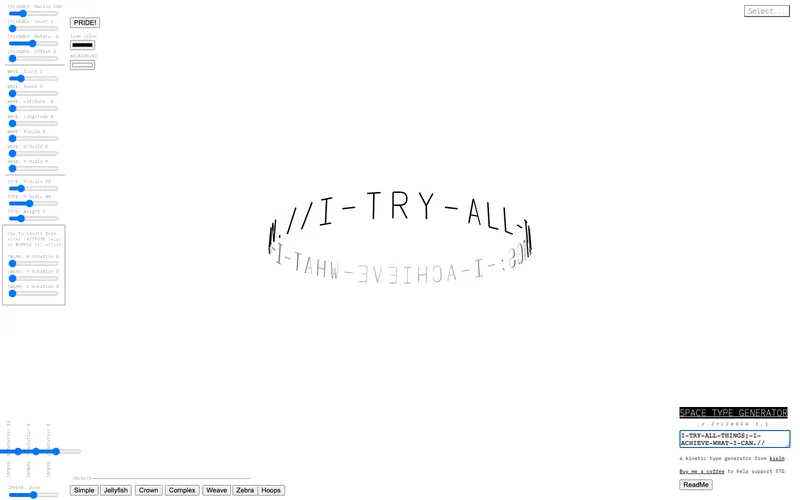 Space Type Generator 사이트의 첫 화면. 글자, 움직임과 공간 배치를 조정해 실험적인 타이포그래피 화면을 만듭니다.