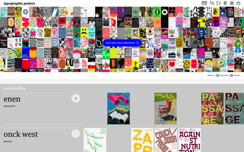 Typographic Posters 사이트의 첫 화면. 타이포그래피 중심 포스터를 디자이너와 나라별로 찾아봅니다.
