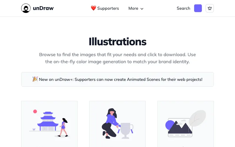 unDraw 사이트의 첫 화면. 대표 색을 바꾸고 제품 화면과 콘텐츠에 쓸 SVG·PNG 일러스트를 내려받습니다.