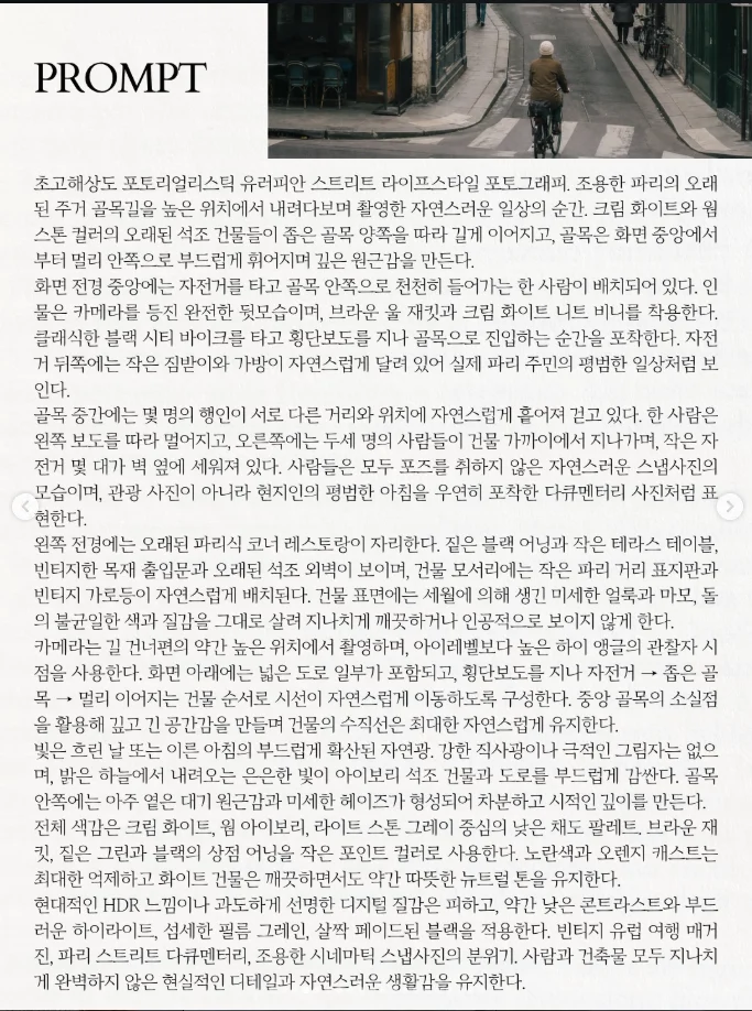 화면 위쪽에 파리 자전거 장면 일부가 있고 아래에 PROMPT 제목과 긴 한국어 이미지 프롬프트가 적힌 디어무이 게시물 화면
