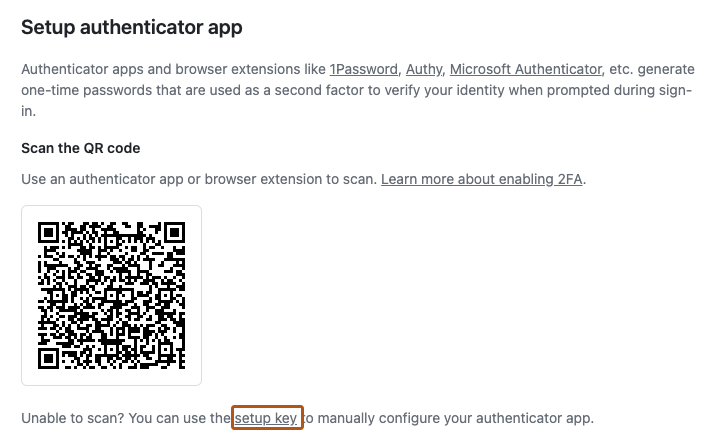 GitHub 2FA 설정 화면 — Setup authenticator app 단계의 QR 코드