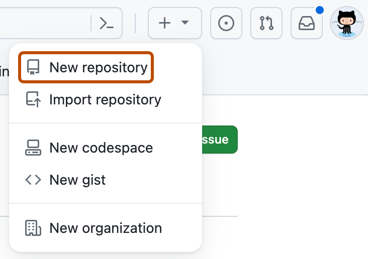 GitHub 오른쪽 위의 더하기 버튼을 눌렀을 때 보이는 New repository 메뉴