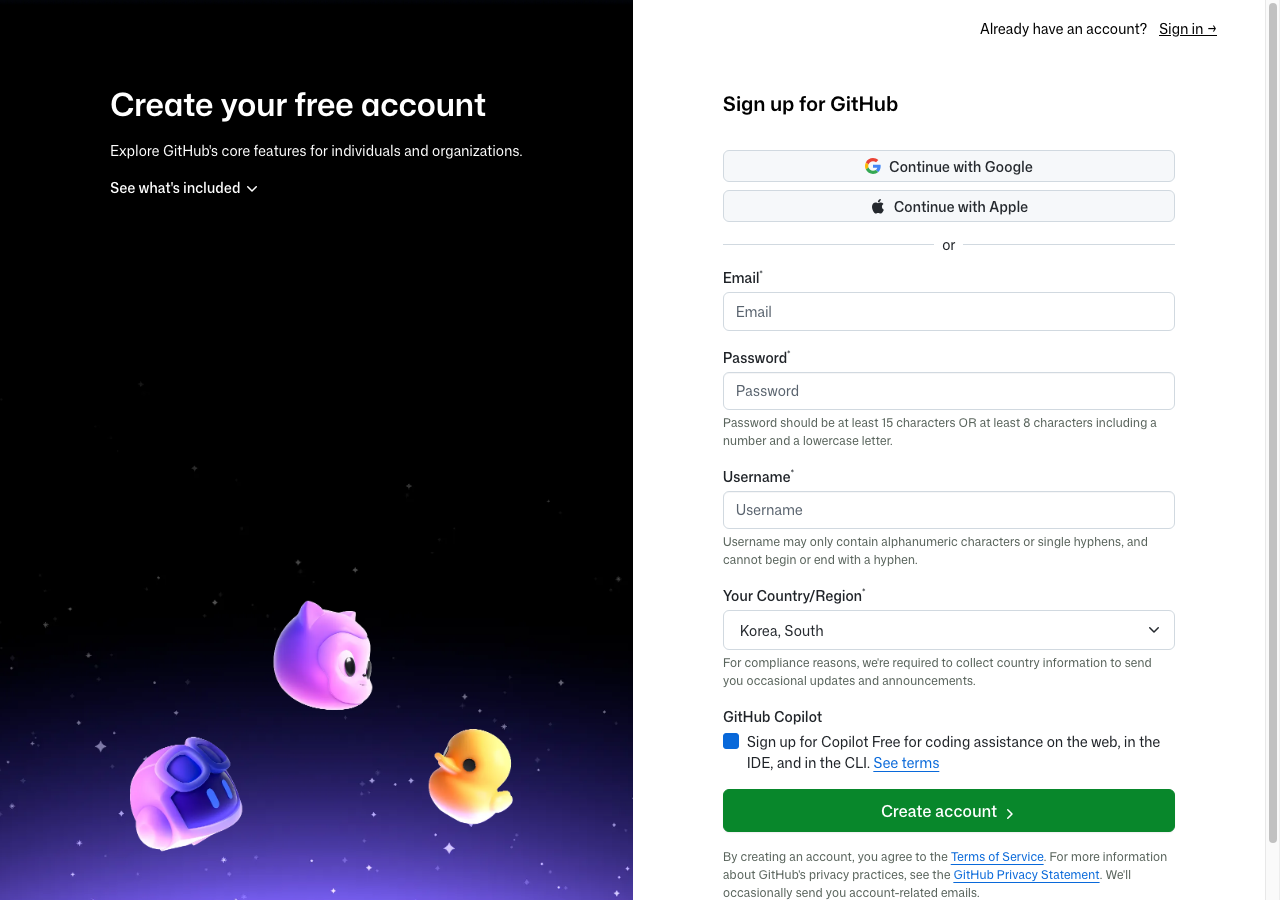 GitHub 가입 화면 — Email, Password, Username, Country/Region 입력칸과 Create account 버튼