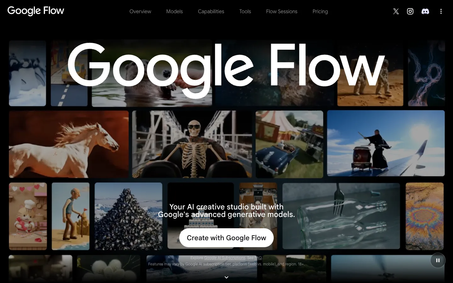 Google Flow 공식 소개 화면. 이미지와 영상을 만드는 대표 결과 예시가 배치되어 있습니다.