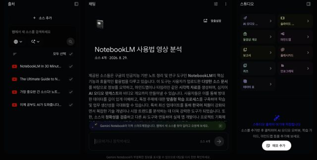 Gemini Notebook 왼쪽 소스 목록에 사용법 유튜브 영상 4개가 체크된 실제 화면. 가운데에는 노트북 안내가 보이고 오른쪽에는 스튜디오 도구가 보입니다.