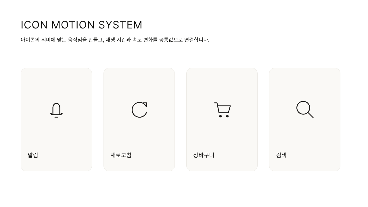 알림, 새로고침, 장바구니와 검색 아이콘이 한 줄로 놓인 Figma 모션 보드