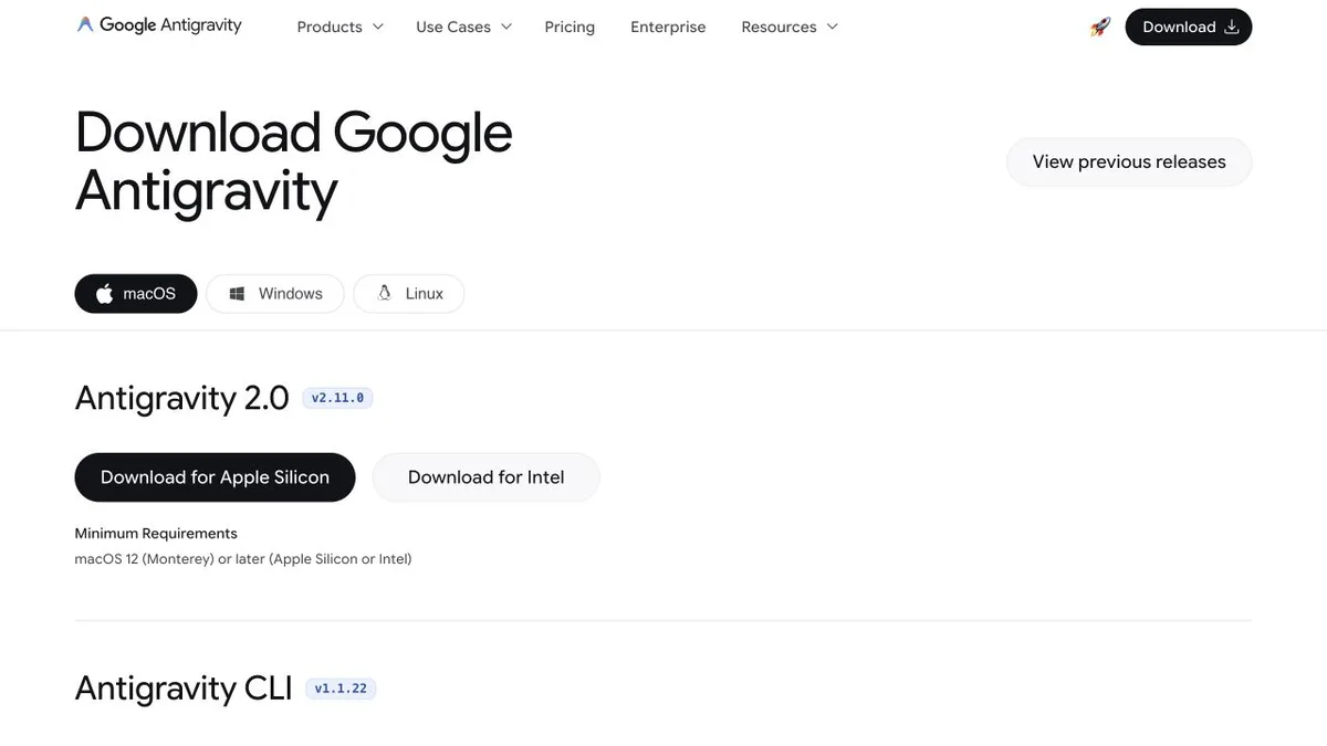 Google Antigravity 공식 다운로드 화면에 Antigravity CLI 항목이 보입니다.