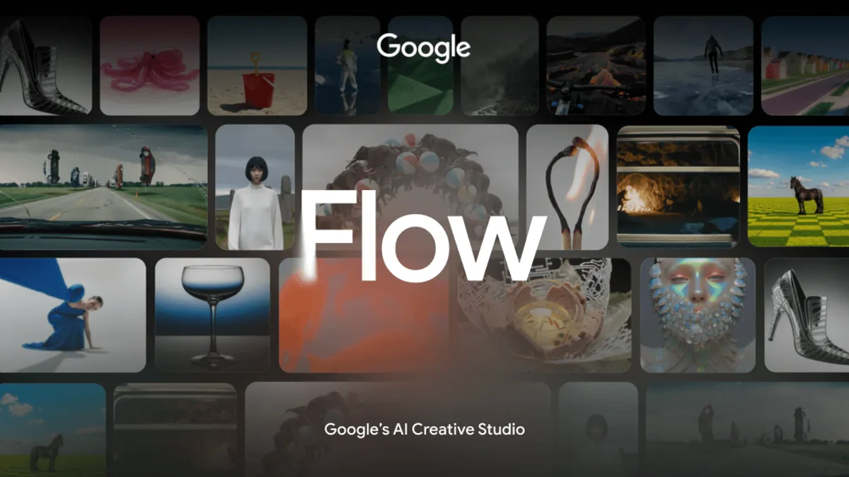 Google Flow 공식 화면에 여러 영상 장면과 Flow 이름이 보입니다.