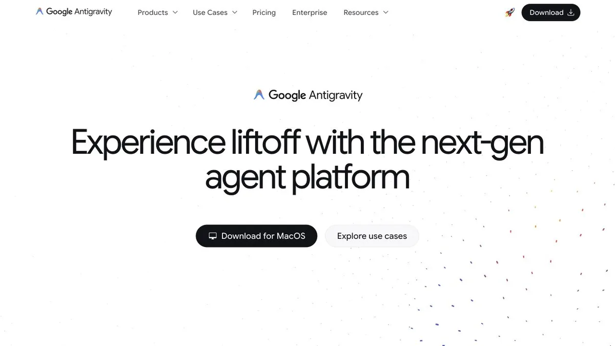 Google Antigravity 공식 화면에 에이전트 개발 환경 소개가 보입니다.