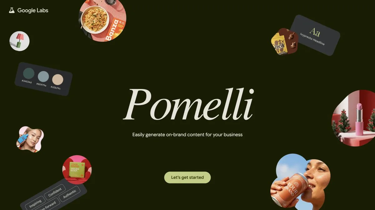 Pomelli 공식 화면에 브랜드 색과 제품 이미지로 콘텐츠를 만드는 예가 보입니다.